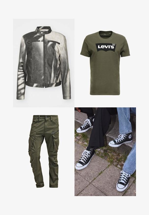 Juodas ir pilkas odinis švarkas su iškilusiu apykakle, dviem užtrauktukais uždaromomis krūtinės kišenėmis, šoninėmis kišenėmis ir nusidėvėjusia danga.; Olive spalvos medvilnės marškinėliai su dideliu juodu „Levi's“ logotipu priekyje. Klasikinis apvalus kaklas ir trumpi rankovės, glotni tekstūra.; Olive spalvos cargo kelnės, pagamintos iš tvirto medvilnės. Yra keletas kišenių, šonu užtraukiama kišenė ir siaurėjančios kojos su šiek tiek tekstūruotu paviršiumi.; Juoda aukšta avalynė iš kanvos su baltais guminiais padais ir raišteliais, su apvaliu logotipu šone, derinama su džinsais ir juodomis kelnėmis.