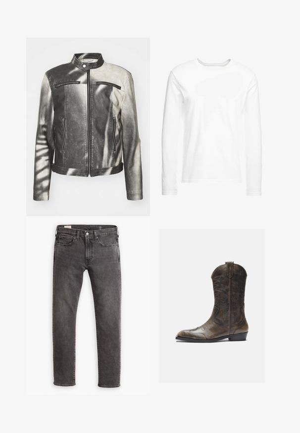 Skórzana kurtka w czerni i szarości, z wysokim kołnierzem, dwoma zasuwanymi kieszeniami na piersi, kieszeniami bocznymi oraz zniszczonym wykończeniem.; Biała koszulka z długim rękawem, wykonana z miękkiej bawełny. Okrągły dekolt, proste brzegi, bez widocznych wzorów czy grafik.; Szare dżinsy z prostym krojem, pięcioma kieszeniami i zapięciem na guzik. Posiadają delikatne przetarcia oraz tonalne przeszycia.; Brązowy skórzany kowbojski but z wysoką cholewką, spiczastym noskiem, skomplikowanymi wzorami haftu i małym obcasem. Teksturalne wykończenie na całej powierzchni.