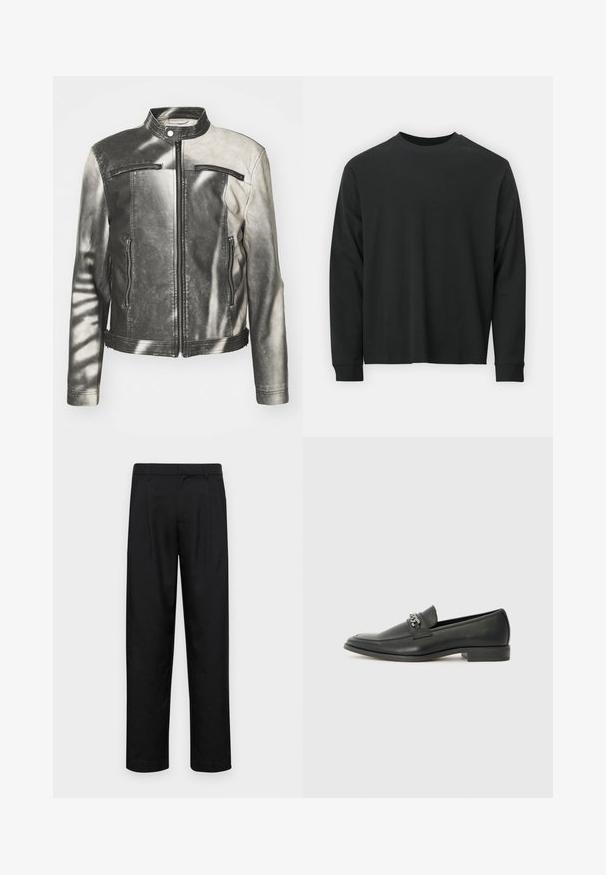 Lederjacke in Schwarz und Grau mit einem Stehkragen, zwei Reißverschluss-Brusttaschen, Seitentaschen und einem verwitterten Finish.; Langärmliges schwarzes T-Shirt aus Baumwolle, mit Rundhalsausschnitt, lockerer Passform und gerippten Bündchen. Weiche Textur ohne sichtbare Muster.; Schwarze Hose aus glattem Stoff, mit geradem Bein Design, zwei vorderen Falten und einem Standardbund mit Gürtelschlaufen.; Schwarzer Lederloafer mit glatter Oberfläche, ausgestattet mit einer gesteppten Gestaltung und einem dekorativen Metallkettendetail über dem Vorderblatt. Flacher Absatz.