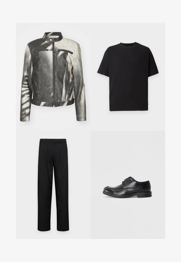 Kožená bunda v čiernej a sivej farbe s vysokým golierom, dvoma zipsovými vreckami na hrudi, bočnými vreckami a opotrebovaným povrchom.; Čierne rebrované tričko s krátkym rukávom a okrúhlym výstrihom, s textúrovaným povrchom a vo voľnom strihu.; Čierne nohavice vyrobené z hladkej tkaniny, s rovnými nohavicami, dvoma prednými skladmi a štandardným pásom s pútkami na opasok.; Čierne kožené šnurovacie topánky s okrúhlou špičkou, hladkým povrchom a nízkym podpätkom. Obsahujú vypracovanie švov pozdĺž vrchu a strán.
