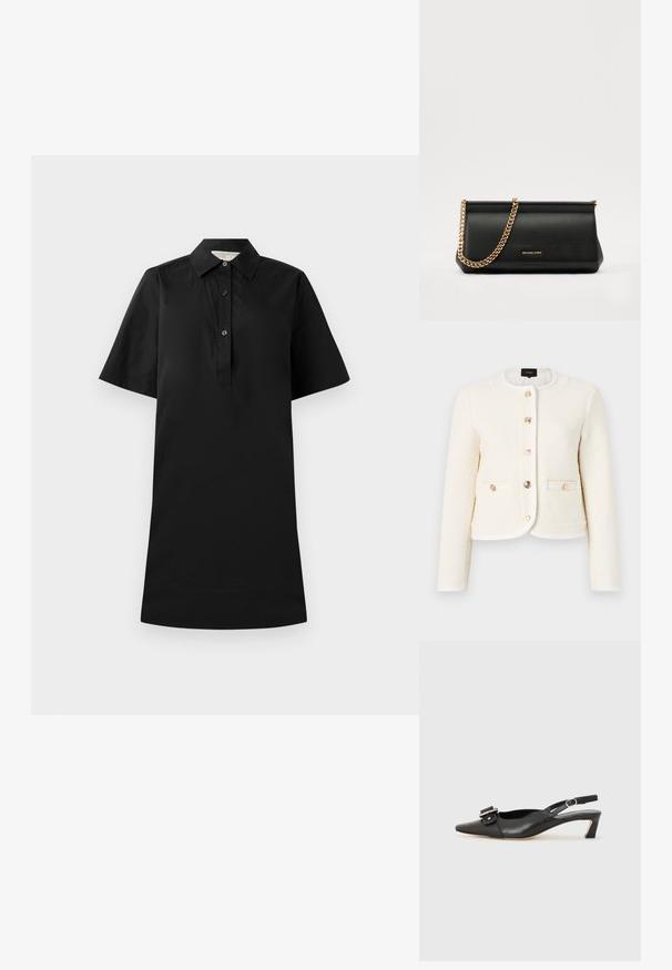 Witte textuurjasje met een ronde kraag, gouden knopen, twee voorkeurszakken en contrasterende afwerking langs de randen en kraag.; Zwart jurk met korte mouwen, een kraag, een knoopsluiting en een rechte snit. Gemaakt van lichte stof met een gladde textuur.; Zwarte leren slingback schoen met scherpe neus, kleine hak en decoratieve gespdetails op de bovenkant. Stijlvolle textuur, minimalistisch ontwerp.; Zwarte leren clutch tas met een gouden kettinghengsel, voorzien van een gladde textuur, rechthoekige vorm en reliëfmerk op de voorkant.
