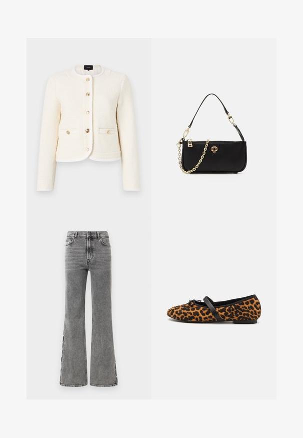 Giacca bianca con texture, colletto arrotondato, bottoni dorati, due tasche frontali e bordo a contrasto lungo i bordi e il colletto.; Maglione a maniche lunghe in maglia bianca con colletto tempestato di perle e quattro bottoni decorativi neri sulla patta anteriore.; Jeans in denim nero a zampa d'elefante con vita alta. Presentano cuciture a vista e dettagli con spacchi laterali, offrendo un aspetto testurizzato.; Ballerine in stampa leopardata con dettagli neri, caratterizzate da una punta arrotondata, una suola piatta e un fiocco decorativo sulla parte anteriore. Texture morbida.; Borsa nera con una texture liscia, dotata di una tracolla in catena dorata, chiusura con zip e un'emblema decorativo dorato sul davanti.
