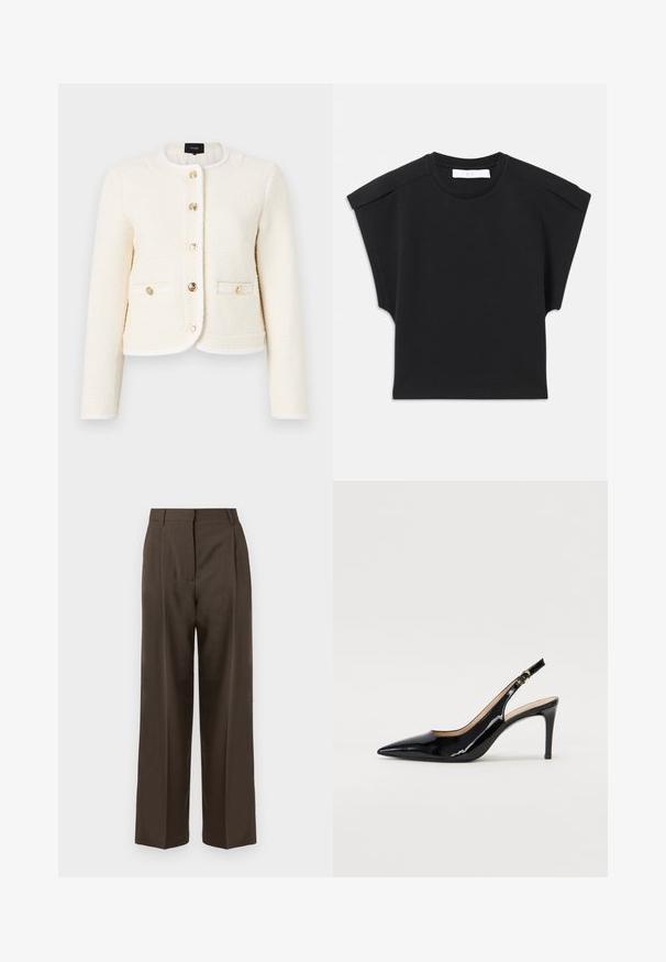 Bela teksturirana jakna s okruglim ovratnikom, zlatnim gumbima, dva prednja džepa i kontrastnim obrubima duž rubova i ovratnika.; Črna majica s kratkimi rokavi in okroglo ovratnico ter podrobnostmi na ramah, razporejena na beli podlagi.; Rjave široke hlače z gladko teksturo, ki imajo visok pas, sprednje gube in kroj po meri. Brez vidnih žepov ali okrasnih elementov.; Črne lakirane slingback čevlje z izostrenim nosom, ozkim peto in subtilnim izrezom. Na traku je zlata sponka.