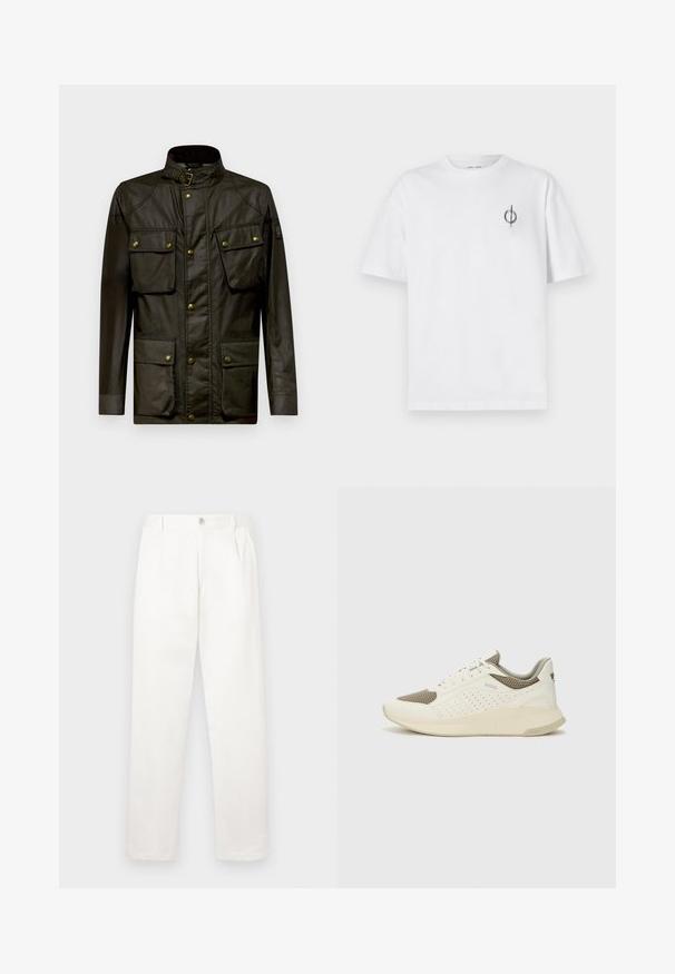 Casaco encerado verde escuro com gola alta, fecho de botão de pressão, quatro bolsos frontais e detalhes nos ombros. Apresenta ferragens em cor dourada.; Camisa de algodão branca com um corte relaxado, apresentando um pequeno logótipo gráfico preto na área do peito esquerdo. Mangas curtas, estilo de gola redonda.; Calças brancas feitas de um tecido suave, com um design de perna reta, pregas frontais e um fecho de botão único na cintura.; Sapatilha atlética branca e bege claro, com parte superior em malha, detalhes perfurados e uma entressola texturizada com marcação no calcanhar.