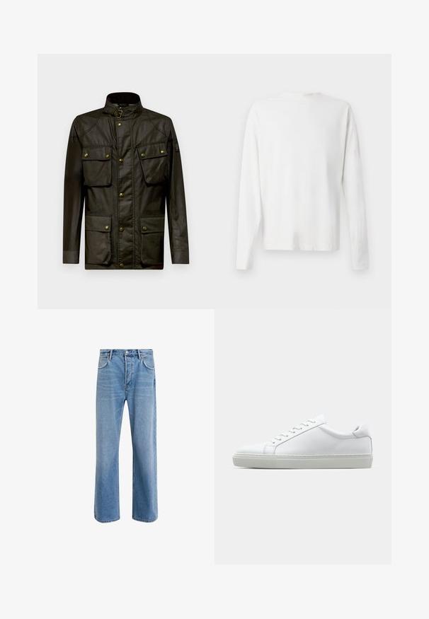 Temnozelena voščena jakna z visokim ovratnikom, zapiranjem na gumbke, štirimi sprednjimi žepi in detajli na ramenu. Ima zlate kovinske dodatke.; Bela bombažna srajca z dolgimi rokavi in okroglo ovratnikom, z bočnimi razporki na dnu in gladko teksturo, prikazana s hrbtne strani.; Svetlo modre denim kavbojke s ravno nogavico, petimi žepi, z gumbom za zapiranje, minimalnim zbledelostjo in kontrastnimi šivi.; Bela športna obutev z gladkim usnjenim zgornjim delom in nizkim profilom. Ima zaokrožen nos, šest lukenj za vezalke in teksturiran gumijast podplat.