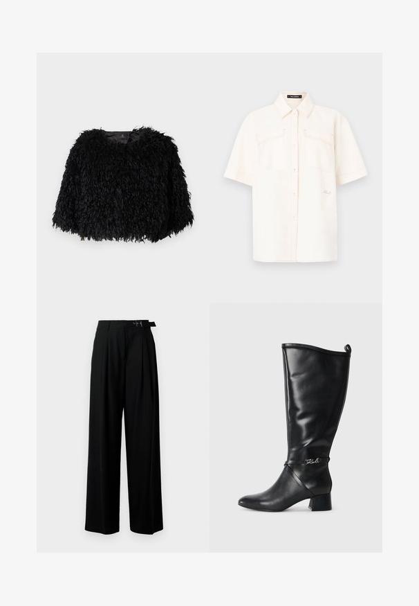 Casaco cropped de pelúcia sintética preto com um exterior texturizado e felpudo, decote redondo e sem fechos visíveis. Forro interior visível na parte do pescoço.; Camisa de manga curta, de cor creme, feita de tecido leve, com dois bolsos frontais, design com botões e costura em contraste.; Calças largas pretas de cintura alta, com pregas à frente e um cinto com fivela. Feitas de um tecido liso e leve.; Bota de couro preta até ao joelho com bico pontudo, salto bloco e uma faixa decorativa com um logótipo prateado perto do tornozelo. Textura suave.