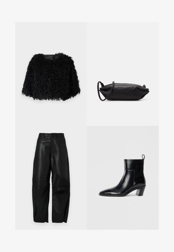 Must karusnahast lühike jakk, millel on tekstureeritud, koheline pind, ümar kaelus ja nähtavad kinnitused puuduvad. Kaela juures on nähtav vooder.; Mustmust mustriga varrukatega must blouse, millel on ees voldid ja kihiline kangast lilleaktsent vasakul õlal. Nööbiga kinnitamine kaela juures.; Mustad nahkpüksid, millel on lõtva istuvus, sirge jalgade disain, esikotid ja nähtavad õmblusdetailid.; Must musta saapad terava nina, geomeetrilise kuuega ja tagaküljel tõmberaudaga. Sile tekstuur ja läikiv disain.; Musthave musta nahkklamber, millel on ristkülikukujuline kuju, sile tekstuur, õhuke õlavarre rihm ja minimalistlik disain.