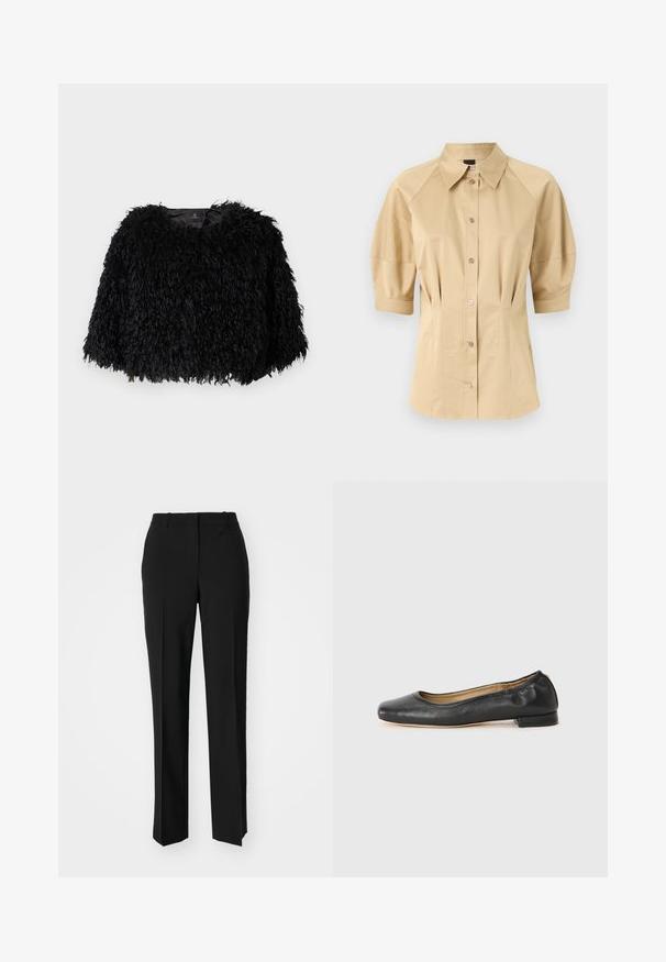 Must karusnahast lühike jakk, millel on tekstureeritud, koheline pind, ümar kaelus ja nähtavad kinnitused puuduvad. Kaela juures on nähtav vooder.; Beež pluus lühikeste puhv-sleeve'idega, laia kraega ja õmbluste detailidega. Valmistatud siledast kangast, ees nööbiga kinnitamine.; Mustad ja sirged püksid, millel on sile tekstuur ja teravad voldid esiosas. Ilma nähtavate detailideta.; Mustad nahast baleriinijalatsid ümmarguse varba ja minimaalse õmblusega. Madal, ruudukujuline konts ja sile tekstuur. Diskreetne sisepinna detail.