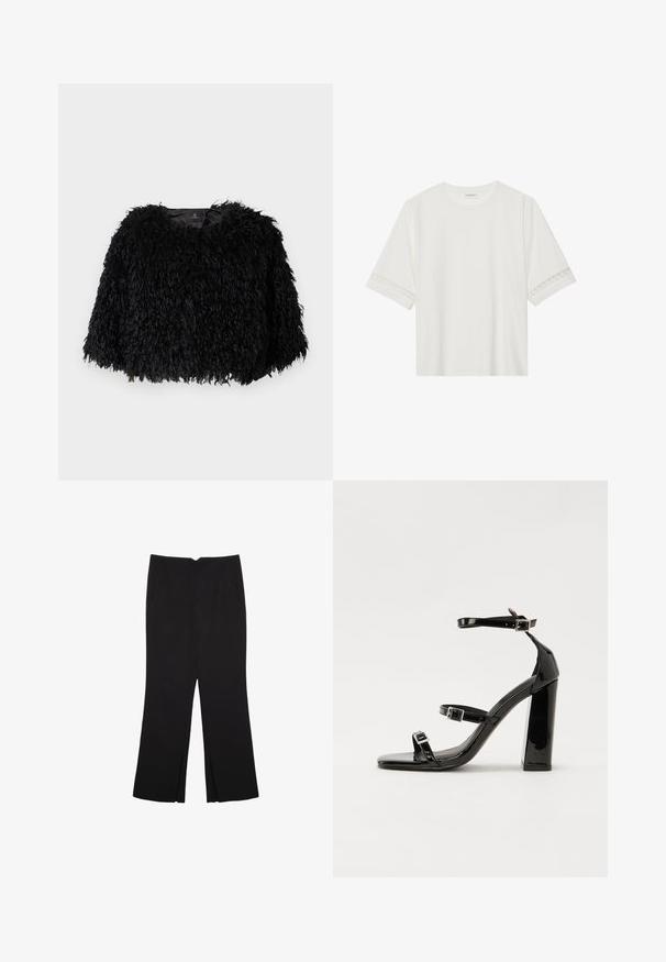 Svart fuskpäls jacka i cropped modell med en texturerad, fluffig utsida, rund halsringning och inga synliga knäppningar. Fodrad insida synlig vid halsen.; Vit kortärmad t-shirt i bomull, med dekorativa spetsdetaljer längs ärmarna och rund halsringning.; Svarta byxor med rak passform, utrustade med framfickor och sidoklyvningar vid fållen. Tillverkade av mjukt, slätt tyg. Lämpliga för olika tillfällen.; Svarta lackerade klacksandaler med fyrkantig tå, ankelremmar och silverfärgade spännen. Har en kraftig blockklack för stabilitet.