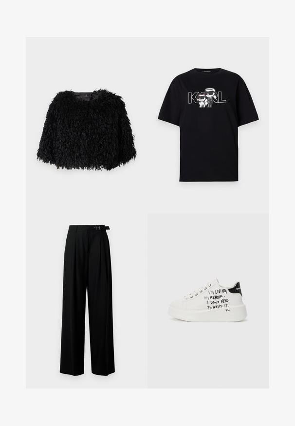 Svart, fuskepels cropped jakke med en teksturert, fluffy overflate, rund hals og ingen synlige lukkinger. Fôret innside synlig ved halsen.; Svart bomulls t-skjorte med et grafisk trykk av to tegneseriFigurer med solbriller, sammen med teksten "KARL" i fete bokstaver.; Svarte vide bukser med høy livlinje, folder foran og belte med spenne. Laget av glatt, lett materiale.; Hvite plattform sneakers med svarte detaljer, med en teksturert såle og håndskrevet tekst på sidene. Glatt lærmateriale.