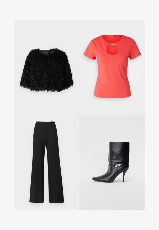 Čierna srsťová skrátená bunda s textúrovaným, chlpáčovým povrchom, okrúhlym výstrihom a bez viditeľných zapínaní. Podšívka je viditeľná pri krku.; Korálová tričko s krátkym rukávom a okrúhlym výstrihom, s detailom v tvare kľúčovej diery na hrudi, vyrobené z hladkého materiálu. Ozdobené striebornými doplnkami.; Čierne široké nohavice s priliehavým strihom, s hladkou textúrou a jemnými záhybmi vpredu. Žiadne viditeľné hardvérové súčasti ani vzory.; Čierna kožená členková topánka s špicatou špičkou, vysokým ihlovým podpätkom, prehnutým manžetom a zlatým dekoratívnym sponou na členku.