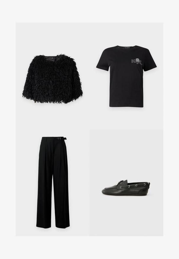 Black faux fur cropped jacket with a textured, fluffy exterior, round neckline, and no visible fastenings. Lined interior visible at neck.; Black short-sleeve t-shirt made of cotton. Features a white graphic with the text "KARL" and a stylized figure on the chest. Round neckline.; Black wide-leg trousers with a high waist, pleats at the front, and a belt featuring a buckle. Made from smooth, lightweight fabric.; Black leather boat shoes with rounded toe, lace-up front, metal eyelets, and a flat sole. Features a small tab at the back.