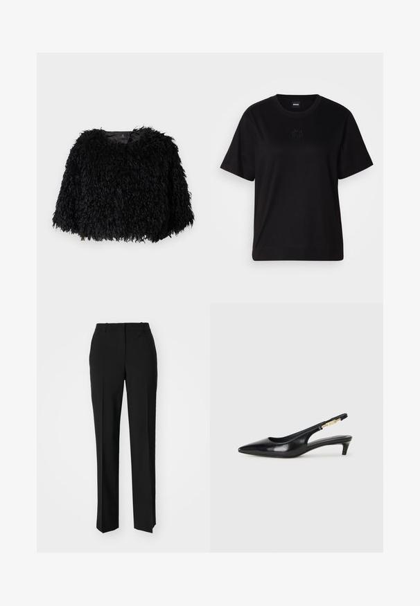 Fekete műszőrme cropped dzseki texturált, bolyhos külsővel, kerek nyakkivágással és látható zipzárak nélkül. A nyaknál látható bélés.; Fekete pamut póló kerek nyakkivágással, rövid ujjakkal és hímzett logóval a mellkasán. Egyszerű, laza szabás, minta nélkül.; Fekete, testhezálló nadrág egyenes szárú kivitelben, sima textúrával és éles redőkkel az elején. Nincs látható fémalkatrész.; Fekete bőr slingback magassarkúk, hegyes orral, vékony sarkakkal és arany színű részlettel a állítható pánton. Simа felület.