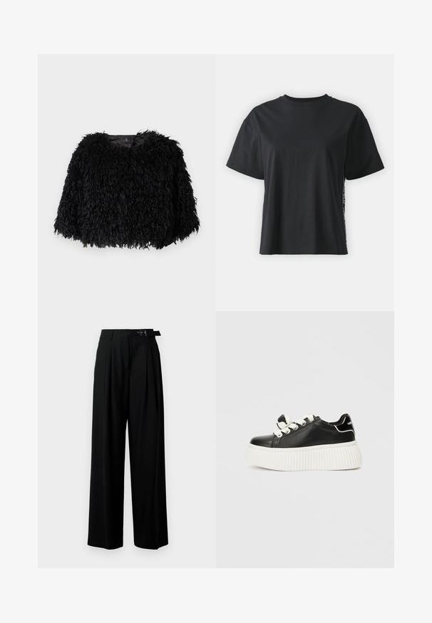 Crna umjetna krzna skraćena jakna s teksturiranom, pahuljastom vanjskom površinom, okruglim izrezom i bez vidljivih kopčanja. Podstava je vidljiva na vratu.; Crna pamučna majica kratkih rukava s opuštenim krojem i kontrastnim bočnim panelom koji sadrži sitan tekst i detalje dizajna.; Crne široke hlače s visokim strukom, nabranima sprijeda i remenom s kopčom. Izrađene od glatkog, laganog materijala.; Crne kožne tenisice s debelim bijelim rebrastim potplatom, s bijelim vezicama i dekorativnom mašnom na jeziku.