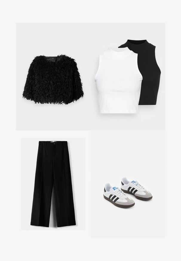 Musta tekokarvainen lyhyt takki, jossa on teksturoitu, pörröinen pinta, pyöreä kaula-aukko ja ei näkyviä kiinnityksiä. Vuorattu sisäosa näkyy kaulassa.; Kaksi hihattomaa ribattua kauluspaitaa mustana ja valkoisena, joissa on istuva muotoilu ja sileä rakenne, sekä lyhyt pituus.; Mustat leveälahkeiset housut, jotka on valmistettu kevyestä kankaasta. Housuissa on etunappikiinnitys ja tasainen etuosa, sekä huolellisesti ommellut helmat.; Urheilukengät, joissa on valkoinen nahkainen päällinen, harmaa mokkanokka ja kolme mustaa raitaa. Ominaisuuksina sininen logo kielekkeessä ja kuvioitu kumipohja.