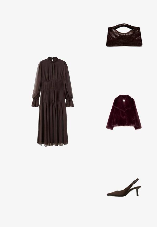 Burgundská umělá kožená bunda s dlouhými rukávy, širokým límcem a texturovaným, nadýchaným povrchem. Má otevřený přední design a měkkou vnitřní podšívku.; Hnědé šaty s dlouhým rukávem a vysokým výstřihem, s nařaseným korpusem a rozšířenými rukávy. Vyrobené z lehké tkaniny, s volánovou sukní.; Hnědé semišové slingback lodičky s špičatou špičkou, elegantním designem, tenkým podpatkem a spony na kotníkovém popruhu.; Tkaná tmavě hnědá kabelka s jedinečným tvarem, která má vykrojenou rukojeť a hladkou texturu, ideální pro současný styl.