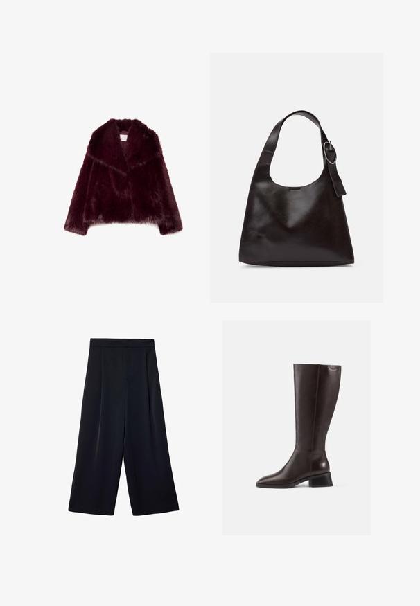 Bordowa kurtka z futra syntetycznego z długimi rękawami, szerokim kołnierzem i teksturowanym, puszystym wykończeniem. Posiada otwarty przód i miękką podszewkę.; Brązowy dzianinowy sweter z wysokim dekoltem, długimi rękawami i dopasowanym paskiem w talii. Miękka tekstura i luźny krój.; Szerokie czarne spodnie wykonane z lekkiego materiału. Posiadają plisowany przód, wysoką talię i luźny krój wokół nóg.; Kozaki skórzane w kolorze brązowym, sięgające do kolan, z gładkim wykończeniem, zaokrąglonym noskiem i czarnym, podwyższonym obcasem. Prosty design z minimalną ilością detali metalowych.; Brązowa skórzana torba na ramię o gładkiej teksturze, zaokrąglonym kształcie, szerokim pasku i okrąłym metalowym akcentem na uchwycie.