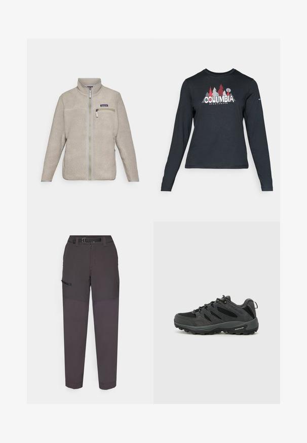 Beež fliisjakker, millel on tõmblukk ees, kõrge krae ja rinnaäärte tasku. Tekstureeritud kangas, pikad varrukad ja halli metallist detailid.; Pikend varrukatega tumehall särk, millel on punaste puude ja mägede graafika; "COLUMBIA" logo julge valge tekstiga. Pehme kangas, tavaline ümmargune kaelus.; Tumed hallid cargo püksid, mis on valmistatud kerge kangaga, omavad vastupidavat vööd, esitõmblikku ning küljetaskut Velcro klapiga.; Columbia REDMOND - Matkajalatsid - black/citron haze