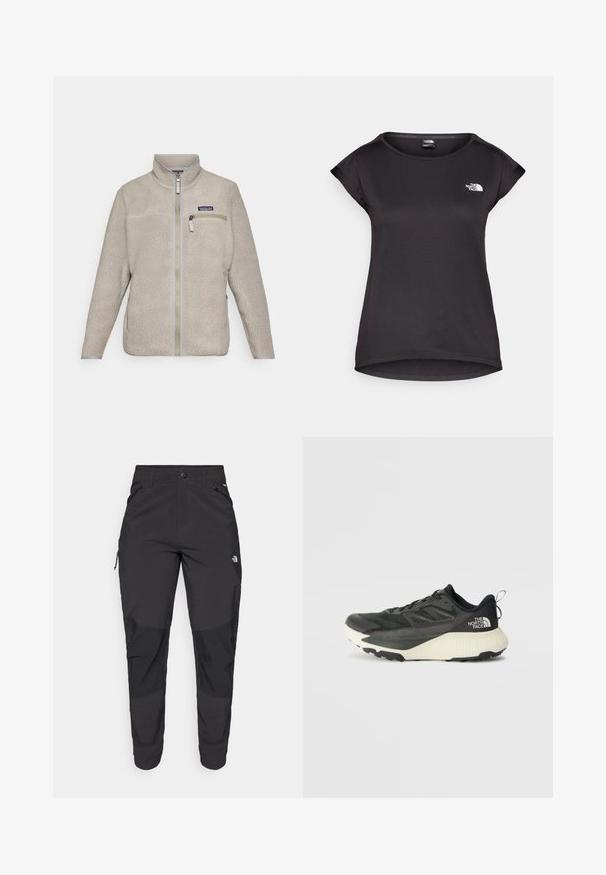 Beige fleecejakke med glidelås foran, høy krage og brystlomme. Teksturert stoff, lange ermer og grå detaljer.; The North Face TANKEN TANK - T-skjorte til trening - black; Svart utendørsbukser laget av slitesterkt stoff. Har glidelåslommer, forsterkede knær og en rett skjæring for bevegelighet.; Svart treningssko med teksturert overdel, med grå detaljer og hvit såle. Har en pull tab og fremtredende merkevarelogo på hælen.