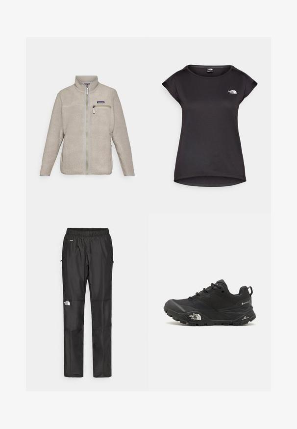 Beige színű bolyhos dzseki zipzárral elöl, magas gallérral és mellzsebbel. Fényes textúrájú anyag, hosszú ujjú és szürke fém részletekkel.; The North Face TANKEN TANK - Sportfelső - black; Fekete vízálló nadrág könnyű anyagból, rugalmas derékkal, oldalsó zsebekkel és logóval a bal lábon.; Fekete túrázó cipő texturált felsőrésszel, fűzős záródással és vastag gumitalppal, mely oldalán egy kiemelkedő logó és mintázott talpkialakítás található.