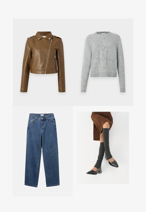 Ruskea keinonahasta valmistettu cropped-takki, jossa on vetoketjuiset sulkijat, sivuzipperit, terävä viikonloppukaulus ja olkavaljaat. Sulava rakenne.; Vaaleanharmaa neulepaita, jossa on pitkät hihat, pyöreä kaula-aukko ja keskellä oleva palmikkoneulekuvio etupuolella.; Classiset siniset farkut suoran lahkeen muotoilulla, viidellä taskulla ja napillakaan. Ominaisuudet: keskivahva pesu ja kestävä rakenne.; Musta lakattu nahkakengät teräväkärkisillä, leveällä kantapäällä ja nilkkahihnalla, yhdistettynä harmaisiin ribattuihin säärystimiin ja ruskeaan mokkasiinimekkoon.