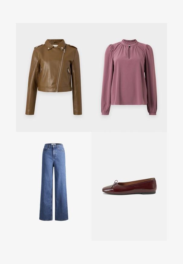 Brown faux leather cropped jacket with a zip closure, side zip pockets, a pointed collar, and shoulder epaulettes. Smooth texture.; Long-sleeve mauve blouse with gathered collar, keyhole neckline with button closure, and slightly puffed shoulders.; Light blue denim wide-leg jeans with a high waist, two front pockets, and visible stitching. Features a button and zipper closure.; Burgundy patent leather ballet flat with a rounded toe, small bow accent at the front, and a low, black rubber sole. Smooth texture.