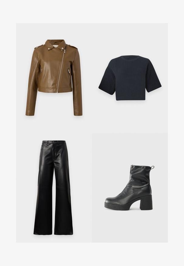 Brūns mākslīgās ādas īss žakets ar rāvējslēdzēju, sānu rāvējslēdzēju kabatām, norādītu jaku un plecu epauletēm. Gluda tekstūra.; Tumši zili izgriezts adīts džemperis ar ribotu tekstūru, īsām platām piedurknēm un apaļu kakla izgriezumu. Vienkāršs dizains, bez redzamām rakstu vai akcentiem.; Melnas augstās jostas platajās kājās sintētiskās ādas bikses ar priekšējo pogu, rāvējslēdzēju, jostas cilpām un sānu kabatām uz baltā fona.; Melni potītes zābaki, kas izgatavoti no gludas ādas, ar sānu rāvējslēdzēju, masīvu strukturētu papēdi un noapaļotu purngalu.