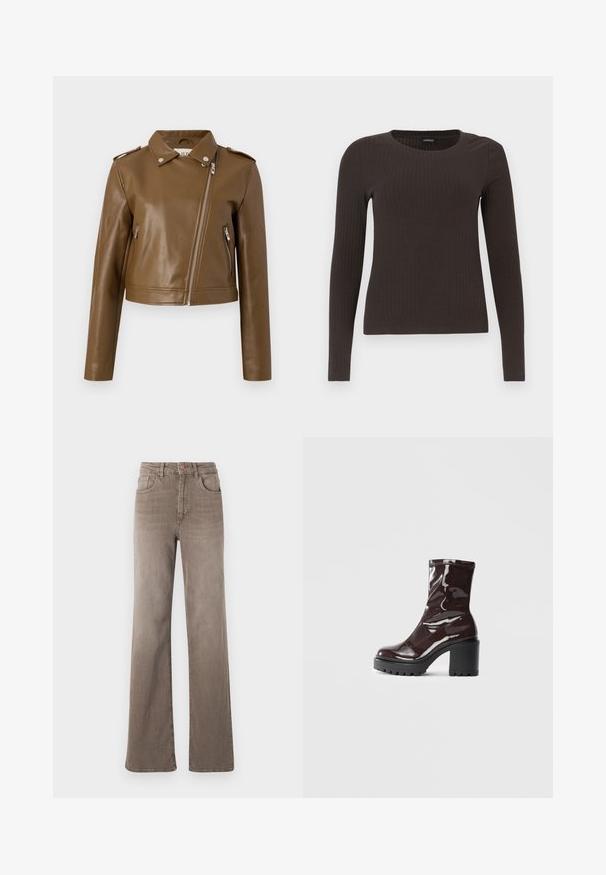Braune Kunstleder-Cropped-Jacke mit Reißverschluss, seitlichen Reißverschlusstaschen, einem spitzen Kragen und Schulterklappen. Glatte Textur.; Braunes, langärmliges, geripptes Oberteil mit Rundhalsausschnitt. Hergestellt aus einem glatten, dehnbaren Material, mit einer taillierten Silhouette und minimalen Details.; Braune hoch taillierte Straight-Leg-Jeans mit vorderem Knopf, Gürtelschlaufen und klassischem Fünf-Taschen-Design auf weißem Hintergrund.; Glatte bordeauxrote Ankle Boots mit einem klobigen schwarzen Absatz, die eine glatte Oberfläche und ein einfaches Design aufweisen. Keine sichtbaren Verschlüsse oder Muster.