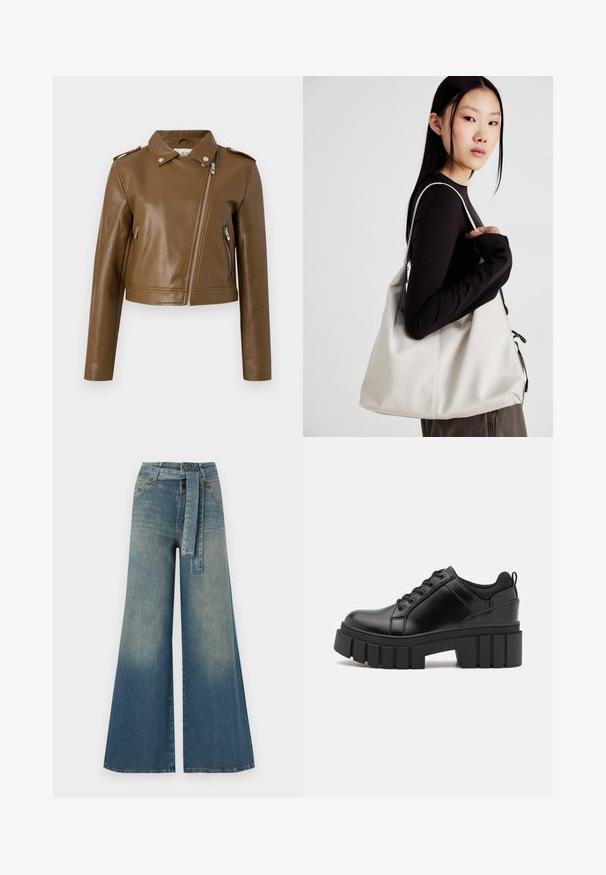 Bruine faux leren cropped jack met een ritsluiting, zijzakken met rits, een puntige kraag en schouderepauletten. Glad textuur.; Zwarte katoenen t-shirt met korte mouwen, voorzien van een kleine roze vlinder graphic op de linkerkant van de borst. Crew neck ontwerp met een relaxte fit.; Wijduitlopende denim broek met een lichte naar donkere blauwe gradient, hoge taille, riemlussen en een bijpassende stoffen riem. Gestructureerde denimafwerking.; Zwarte leren platform schoenen met een stevige blokhak, ronde neus en een traditionele vetersluiting. Kenmerkt zich door een gladde textuur en minimale details.; Beige handtas gemaakt van zacht materiaal, met een slonzig ontwerp, gestikte details en twee schouderbanden. Geschikt voor dagelijks gebruik.