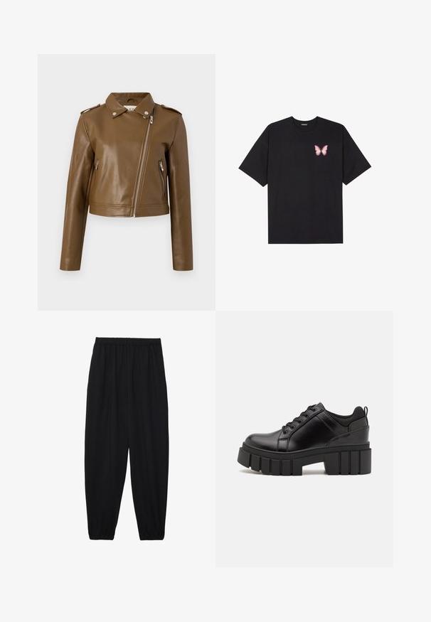 Jachetă scurtă din piele faux maro, cu închidere prin fermoar, buzunare laterale cu fermoar, guler ascuțit și epolet pe umeri. Textură netedă.; Tricou negru din bumbac cu mâneci scurte, având pe partea stângă a pieptului un mic grafic cu un fluture roz. Design cu guler rotund și croială lejeră.; Pantaloni negri, ușori, cu un brâu elastic și tivuri strânse. Materialul este neted și are un design relaxat, conic.; Pantofi cu talpă plată din piele neagră, cu toc gros, vârf rotund și design tradițional cu șireturi. Prezintă o textură netedă și detalii minime.