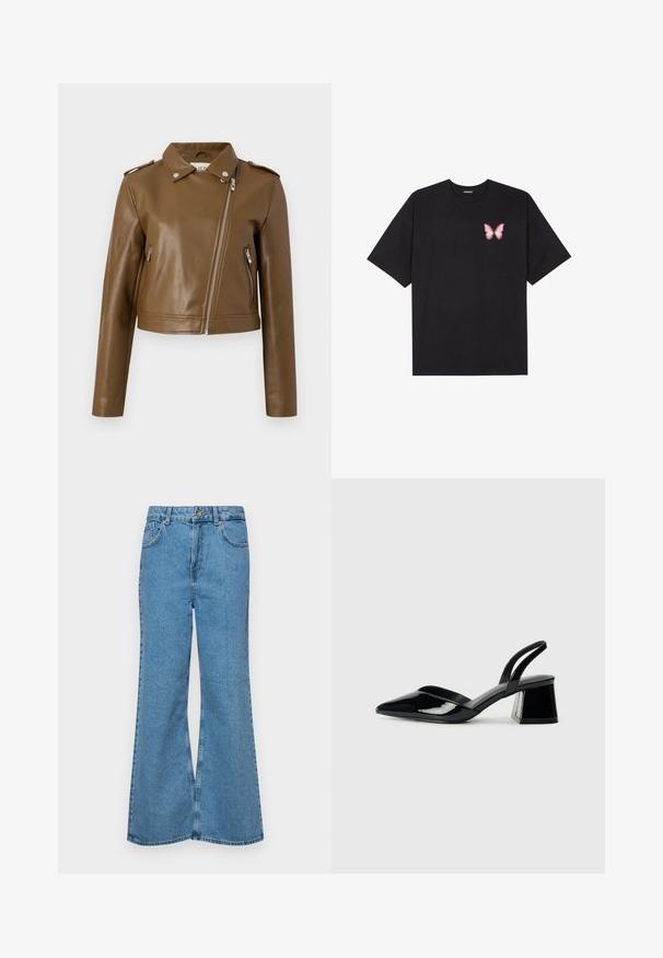 Ruskea keinonahasta valmistettu cropped-takki, jossa on vetoketjuiset sulkijat, sivuzipperit, terävä viikonloppukaulus ja olkavaljaat. Sulava rakenne.; Musta puuvillapaita lyhyillä hihoilla, jossa on pieni vaaleanpunainen perhosgrafiikka vasemmassa rinnassa. Pyöreä kaula-aukko ja rento istuvuus.; Vaaleansiniset leveälahkeiset farkut, joissa on korkea vyötärö, viisi taskua ja yksi napin sulkeminen. Pehmeä pinta, jossa on haalistunut viimeistely.; Mustat patentoitu nahkakengät, joissa on säären takaosa ja terävä kärki, sekä geometrinen palikkakorko. Sisältää tyylikkään, minimalistisen muotoilun ja sileän pinnan.