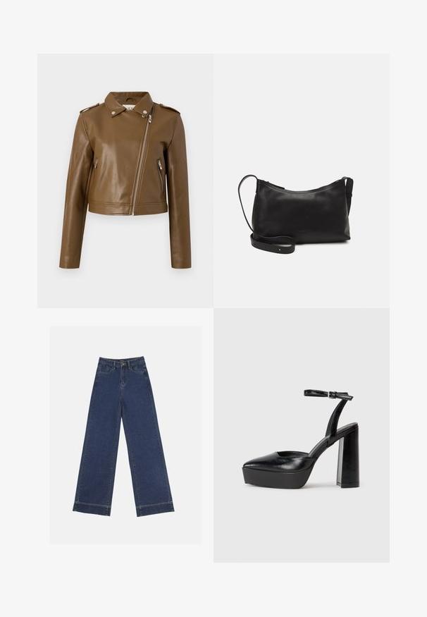 Veste cropped en cuir synthétique marron avec une fermeture éclair, des poches zippées sur le côté, un col pointu et des épaulettes. Texture lisse.; T-shirt en coton noir à manches courtes, avec un petit graphique de papillon rose sur la poitrine gauche. Modèle à col rond avec une coupe décontractée.; Jeans à jambes larges en denim bleu foncé. Comprend cinq poches, des passants de ceinture et un ourlet brut en bas avec des détails de couture visibles.; Escarpins noirs à plateforme avec un bout pointu et une sangle réglable à la cheville. Conçus en cuir lisse, avec un large talon bloc.; Sac à épaule en cuir noir avec une texture lisse, une forme courbée, une bandoulière ajustable et une fermeture éclair. Design minimaliste sans embellissements.