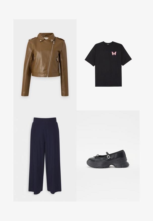 Bruine faux leren cropped jack met een ritsluiting, zijzakken met rits, een puntige kraag en schouderepauletten. Glad textuur.; Zwarte katoenen t-shirt met korte mouwen, voorzien van een kleine roze vlinder graphic op de linkerkant van de borst. Crew neck ontwerp met een relaxte fit.; Wijd-uitlopende broek in donkerblauwe stof met een geribbeld patroon. Heeft een gladde tailleband en een vloeiende silhouet, die tot halverwege de kuiten reikt.; Zwarte leren Mary Jane-schoen met een ronde neus, strikdetails en een verstelbare enkelband. Beschikt over een chunky rubberen zool met gebogen accenten.