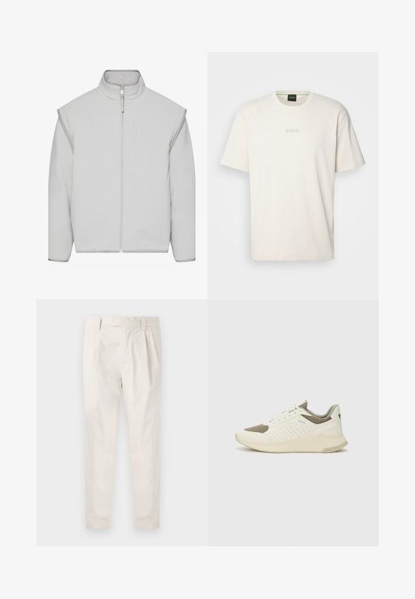 Lys grå polstret jakke med høj krave, lynlåslukning og sidelommer. Fremstillet af blødt stof med en glat tekstur og minimalistisk design.; BOSS TEE - T-shirts basic - open white; Hvide, plisserede bukser med en skræddersyet pasform, der har en glat overflade, bæltestropper og smalnede ben. Ingen synlige lommer eller mønstre.; Hvide og lyse beige sportssko med en mesh-overdel, perforerede detaljer og en tekstureret mellemsål med branding på hælen.