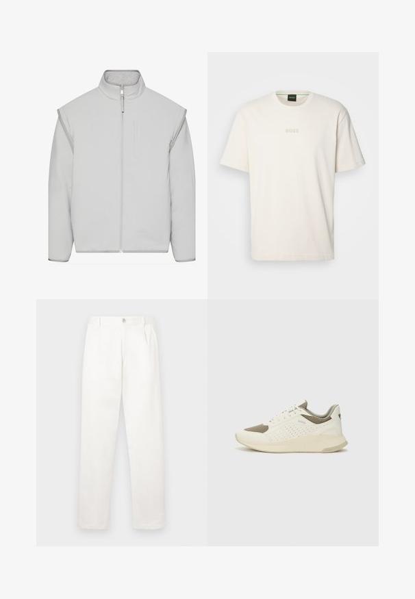Svetlo siva podložena jakna z visokim ovratnikom, zadrgo in stranskimi žepi. Narejena iz mehkega blaga z gladko teksturo in minimalnim oblikovanjem.; BOSS TEE - Navadna majica - open white; Bele hlače iz gladkega blaga, z ravnimi nogami, sprednjimi gubami in enim gumbom za zapiranje v pasu.; Beli in svetlo bež športni copat, s mrežastim zgornjim delom, perforiranimi detajli in teksturirano srednjim delom z blagovno znamko na peti.