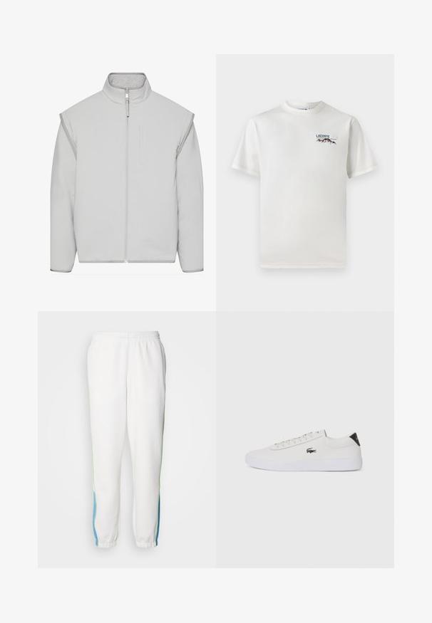 Šviesiai pilka paminkštinta striukė su aukštu apykakliu, užtrauktuku ir šoninėmis kišenėmis. Pagaminta iš minkštos medžiagos su lygia tekstūra ir minimaliu dizainu.; Baltas medvilninis marškinėliai su apykakle, trumpomis rankovėmis ir mažas siuvinėtas logotipas, vaizduojantis kalnus ir tekstą ant kairiojo krūtinės.; Baltos sportinės kelnės su elastingu juosmeniu, su žaliomis ir mėlynomis šoninėmis juostelėmis. Minkšta medžiaga su siaurėjančiu kulkšnių dizainu.; Balti odiniai sportbačiai su apvalia nosimi, raištelių užsegimu priekyje ir juodu akcentu ant kulno. Šone yra mažas išsiuvinėtas krokodilo logotipas.