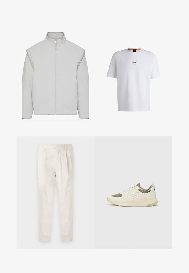 Lys grå, polstret jakke med høy krage, glidelås og sidelommer. Laget av mykt stoff med en jevn tekstur og minimalistisk design.; Hvit bomulls T-skjorte med korte ermer, med en svart "BOSS" logo sentrert på brystet og rund halsdesign.; Hvite, pregede bukser med skreddersydd passform, som har en jevn tekstur, beltehemper og avsmalnende ben. Ingen synlige lommer eller mønstre.; Hvit og lysebeige treningssko, med en mesh-overdel, perforerte detaljer og en teksturert mellomsåle med merkevare på hælen.