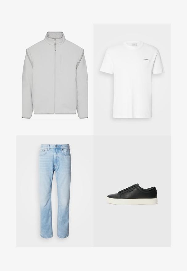 Light gray padded jacket with a high collar, zip closure, and side pockets. Made from soft fabric with a smooth texture and minimal design.; White cotton T-shirt with short sleeves and a crew neckline. Features a small black "Calvin Klein" logo on the left chest.; Light blue denim jeans with a straight leg cut, featuring faded sections, five-pocket design, and a classic button fly.; Black leather sneakers with perforated texture, round toe, and flat white rubber sole. Features black laces and a subtle logo on the side.