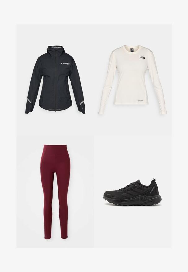 Black waterproof jacket with a hood, full zip, adjustable cuffs, and reflective accents. Features a white logo on the upper left chest.; The North Face SHADOW LONG SLEEVE - Long sleeved top - white dune; Burgundy high-waisted leggings made of stretchy fabric, featuring a smooth texture and a side pocket detail.; Black athletic shoes featuring a textured synthetic upper, lace closure, thick rubber sole, and discreet logo accents on the side and heel.