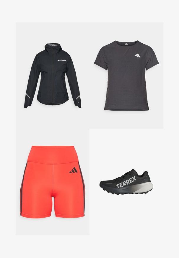 Svart vattentät jacka med huva, full dragkedja, justerbara manschetter och reflektorer. Har en vit logotyp på övre vänstra bröstet.; Kortärmad atletisk t-shirt, mörkgrå med perforerad textur. Har en vit logotyp och kontrasterande sidostripes. Rundad halsringning.; Ljus röda träningsshorts med hög midja, med svarta sidostrand och en Adidas-logotyp. Tillverkade av stretchteknik för komfort.; Svart löparskor med en texturerad ovandel, framträdande "TERREX"-logotyp i vitt, avsmalnande sula och en grå gradientaccents på hälen.