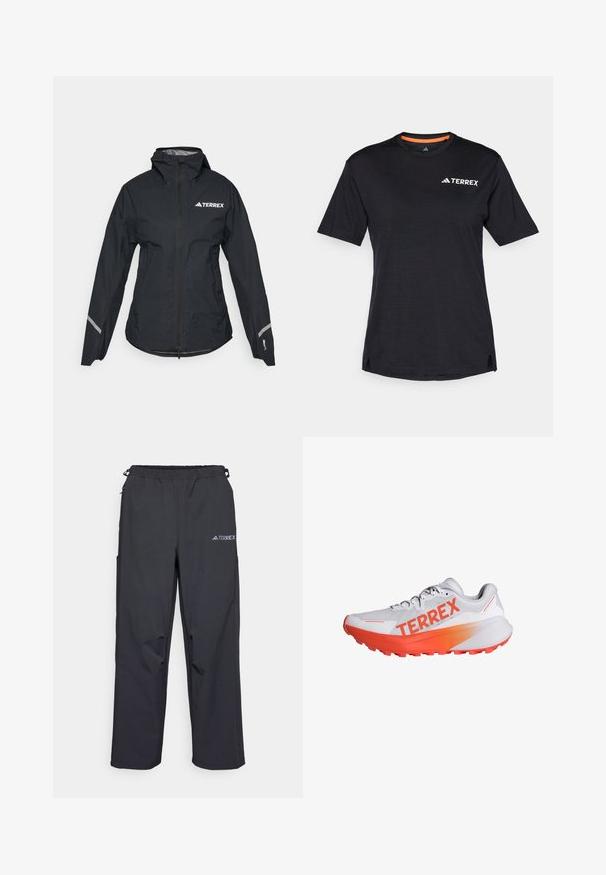 Must ränekattega must vettpidav jakk, täispikk tõmblukk, reguleeritavad mansetid ja peegeldavad aktsendid. Ülal vasakul rinnal on valge logo.; Must t-särk lühikeste varrukatega, ümmarguse kaelusega, millel on peen heather struktuur ja valge "TERREX" logo vasakul ülanurgas.; Mustajad, kerged väljakäimise püksid elastse vöökoha, küljetaskute ja logoga paremal ülemisel jalal. Sile veekindel kangas.; Valged jooksujalatsid oranžide aktsentidega ja "TERREX" logo. Kerge võrgust ülemine osa, pehmendusega sisetald ja tekstureeritud kummist väljatald haardevõime jaoks.