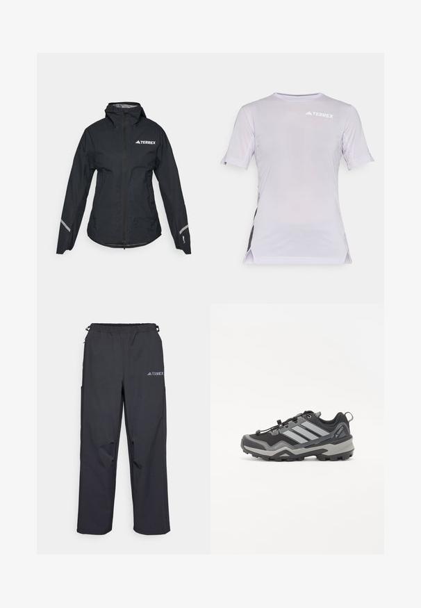 Must ränekattega must vettpidav jakk, täispikk tõmblukk, reguleeritavad mansetid ja peegeldavad aktsendid. Ülal vasakul rinnal on valge logo.; Heledane lillad sportlik lühikeste varrukatega särk, külgedel on võrgupaneelid, ümmargune kaelus ja logo rinnal. Hingav materjal.; Mustajad, kerged väljakäimise püksid elastse vöökoha, küljetaskute ja logoga paremal ülemisel jalal. Sile veekindel kangas.; Mustalased ja hallid matkajalanõud tekstuurse pinnaga, kummist tald ning kolm silmapaistvat halli triipu küljel; varustatud kiire paelumise süsteemiga.