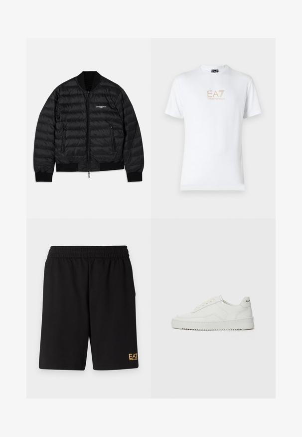 Doudoune noire avec un design matelassé, des poignets et un ourlet côtelés, deux poches zippées et une fermeture éclair à l'avant. Présente une marque sur la poitrine.; T-shirt en coton blanc avec un col rond et des manches courtes, orné d'un logo doré EA7 Emporio Armani imprimé sur le devant.; Shorts de sport noirs en tissu doux, avec une taille élastique et un petit logo jaune EA7 sur le bas de la jambe gauche.; Baskets en cuir blanc avec une finition lisse, bout arrondi, lacets plats et semelle texturée. Présente un logo discret sur le talon.