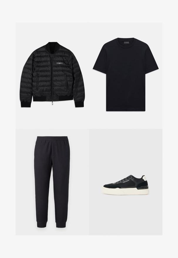 Juodas pūkinis švarkas su siuvinėta konstrukcija, banguotomis rankogaliais ir apatiniuoju kraštu, dviem užtrauktukais užsegamomis kišenėmis ir priekiniais užtrauktukais. Yra prekės ženklas ant krūtinės.; Juoda trumpo rankovės marškinėliai su apvalia iškirpte, su subtiliu iškilniu logotipo dizainu viduryje krūtinės ir ženklu vidinėje apykaklės pusėje.; Juodos siaurėjančios laisvalaikio kelnės su elastine liemene ir apačia, subtiliu tekstūruotu raštu bei šoninėmis kišenėmis.; Juodos sportinės bateliai, pagaminti iš tinklinės medžiagos ir odos, su storu baltu padu ir kontrastingais akcentais. Raišteliai ir logotipo detalės šone.