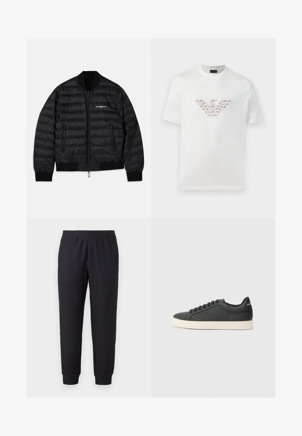 Black puffer jacket with a quilted design, ribbed cuffs and hem, two zippered pockets, and a front zipper closure. Features branding on the chest.; White cotton t-shirt with short sleeves and a crew neckline. Features a central logo design in pink and brown shades.; Black tapered sweatpants with elastic waistband and cuffs, featuring subtle textured pattern and side pockets.; Black leather sneaker with a low profile, rounded toe, and lace-up closure; features a textured rubber sole and logo detail on the heel.