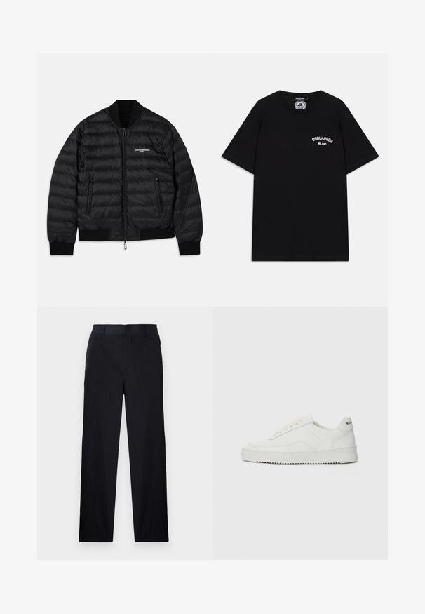 Black puffer jacket with a quilted design, ribbed cuffs and hem, two zippered pockets, and a front zipper closure. Features branding on the chest.; Black cotton T-shirt with short sleeves, featuring white "DSQUARED2 MILANO" logo on the chest. Crew neck design, smooth texture.; Black trousers featuring a lightweight, textured fabric, straight-leg design, elastic waistband, and side zip pockets.; White leather sneaker with a smooth finish, round toe, flat laces, and a textured sole. Features a subtle logo on the heel.