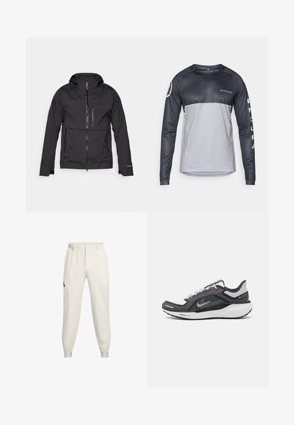 Black waterproof jacket with a zip front, adjustable hood, and multiple pockets. Features smooth texture and logo detail on the chest.; Long-sleeve cycling jersey in black and gray, featuring a round neckline, smooth texture, and logo accents on the chest and sleeve.; Light beige jogger pants with an elastic waistband, side pockets, and ribbed cuffs; feature a black logo accent on the left hip.; Black and gray athletic shoe with a mesh upper, reflective accents, and a white midsole. Features textured rubber outsole and laces.