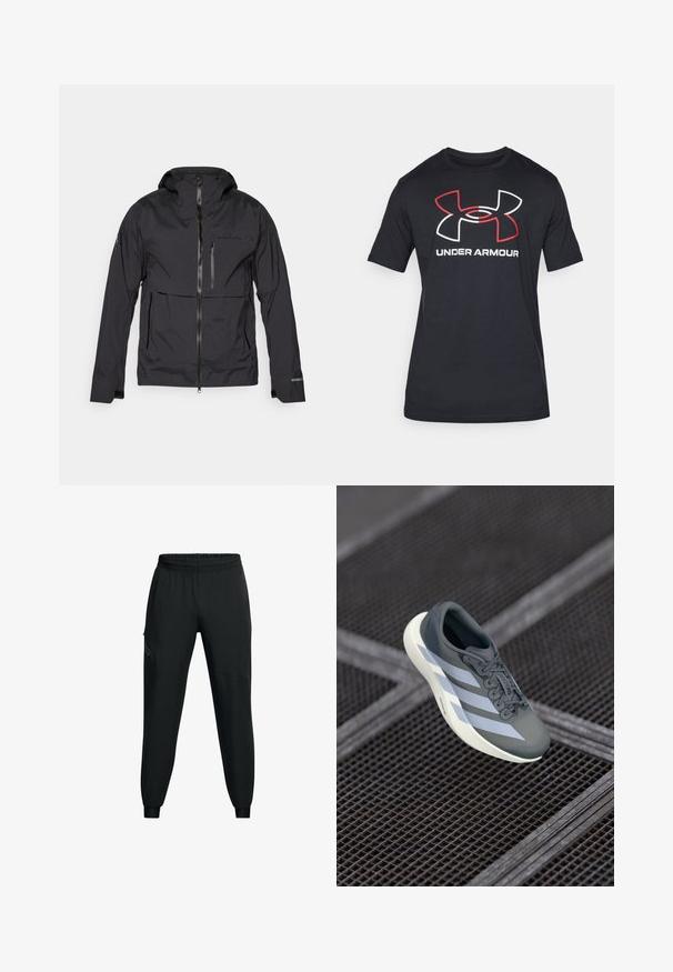 Black waterproof jacket with a zip front, adjustable hood, and multiple pockets. Features smooth texture and logo detail on the chest.; Black short-sleeve t-shirt made from lightweight fabric featuring a large red and white Under Armour logo on the front.; Black athletic pants with an elastic waistband, tapered leg design, side pockets, and contrasting panel details. Lightweight, smooth fabric.; Sport shoe in gray and white, made of synthetic material, with a streamlined design, textured finish, and prominent lacing system.