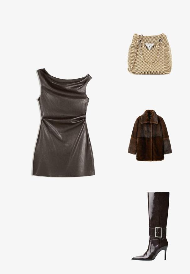 Brown faux fur coat with a wide collar, featuring a pieced design in varying shades of brown, long sleeves, and a relaxed fit.; Dark brown sleeveless dress made of smooth faux leather, featuring a draped neckline and form-fitting silhouette with an angular hem.; Dark brown knee-high leather boot with pointed toe, stiletto heel, and wide strap with large rectangular silver buckle.; Gold handbag features textured fabric with round metallic studs, a triangular logo plate, and a chain strap with round metal grommets.