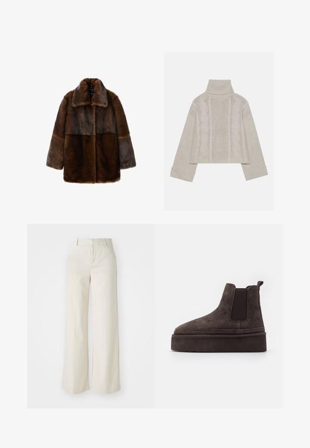 Abrigo de pelaje sintético marrón con un amplio cuello, que presenta un diseño de piezas en diferentes tonos de marrón, mangas largas y un ajuste relajado.; Suéter de punto gris claro, corto, con un alto cuello y puños acanalados, que presenta patrones de cable texturizados en la parte posterior y los lados.; Pantalones de pierna ancha en un tono beige claro, confeccionados con una tela suave. Cuentan con una cinturilla clásica y un frente plano con líneas limpias.; Botas Chelsea de ante marrón con paneles laterales elásticos y una suela de plataforma gruesa y texturizada. Presentan una tira en el talón para facilitar su uso.